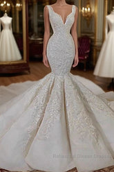 Long Mermaid V-neck Lace Wedding Dresses